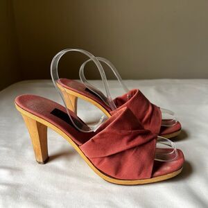 Vintage 70s Jacques Cohen Mauve Canvas Peep Toe Sandal Heels Women’s Size 7/7.5